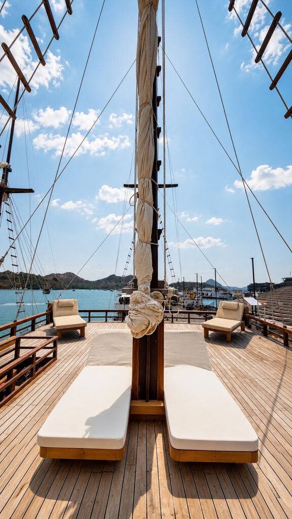 Top deck sunbeds either side of the mast under a bright midday sky