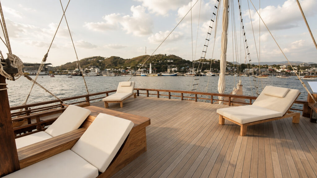 Top deck sunloungers on Papiton Allo facing a hillside town across the harbor