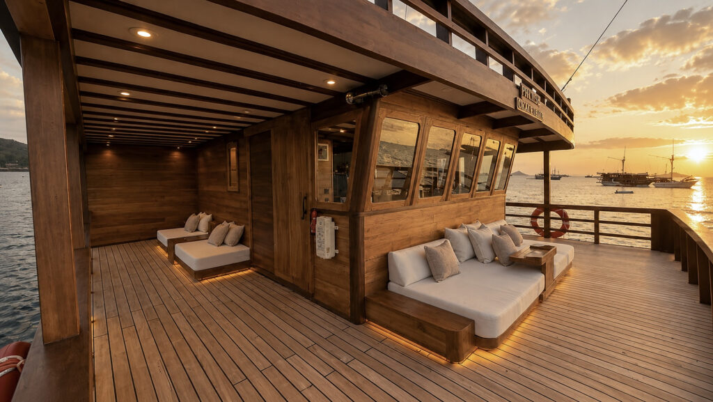 Wheelhouse lounge on Papiton Allo with daybeds either side at sunset