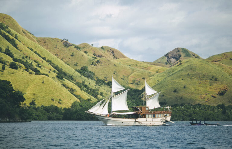 Phinisi under full sail passing rolling green hills, Komodo National Park