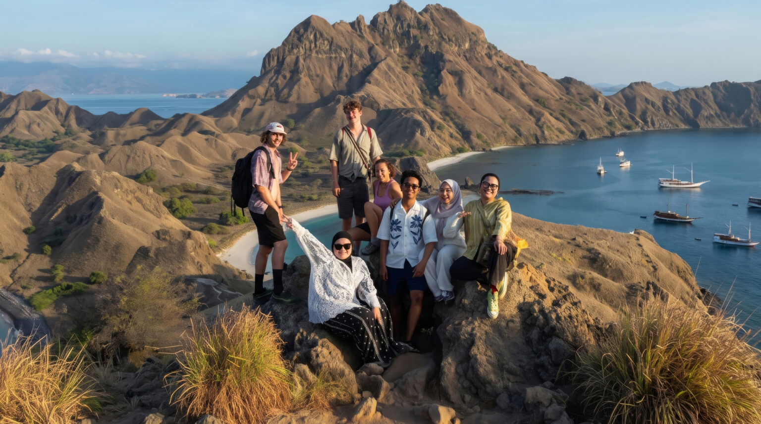 Group of travelers on a shared journey at the Padar Island viewpoint above the bay, Komodo National Park